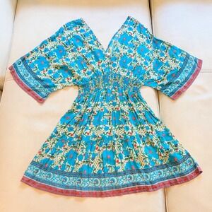 Natural Life Blue Floral Womens L Boho Mini Dress Smocked Waist Kimono Sleeve